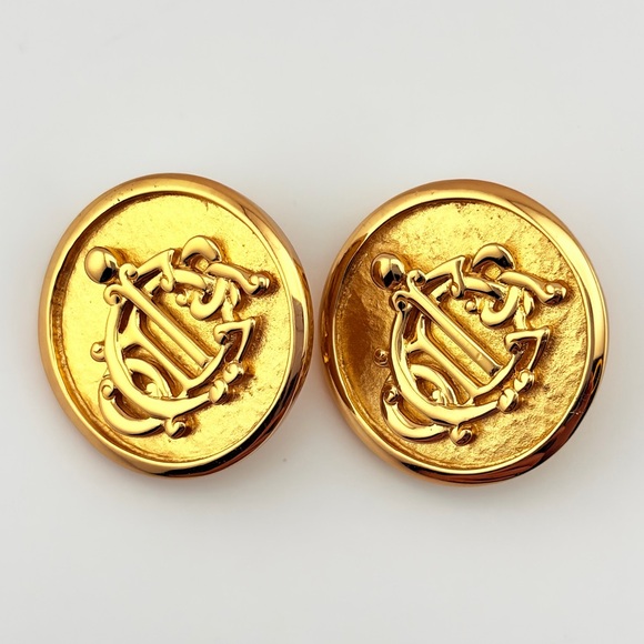 Dior Jewelry - Vintage Christian Dior Gold Plated Monogram Button Clip On Earrings HUGE